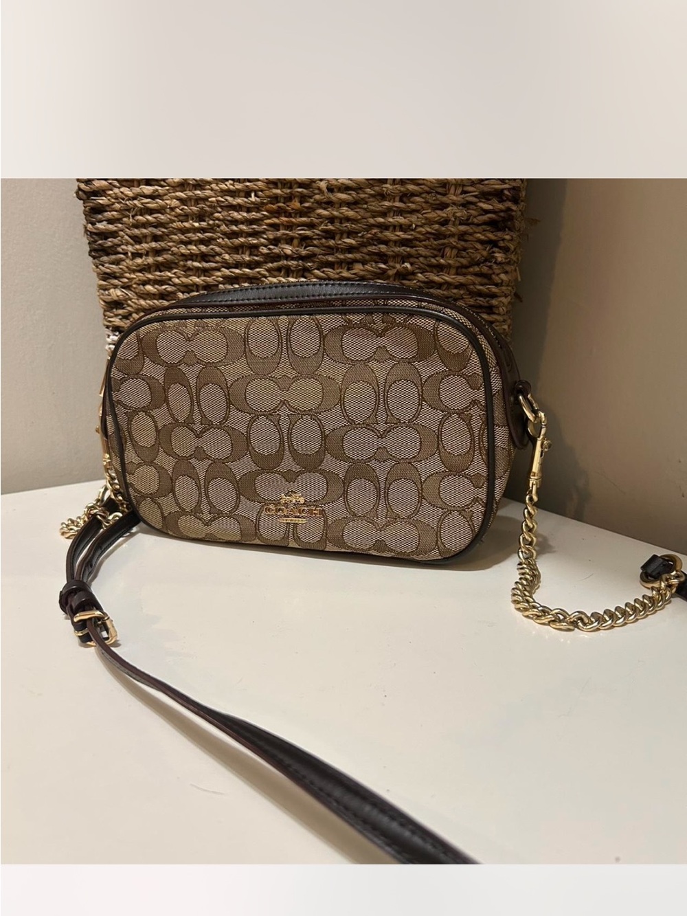 Coach Brown Signature Canvas Crossbody with Gold Chain Strap